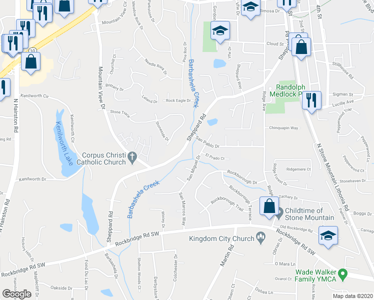 map of restaurants, bars, coffee shops, grocery stores, and more near 685 Sheppard Road in Stone Mountain