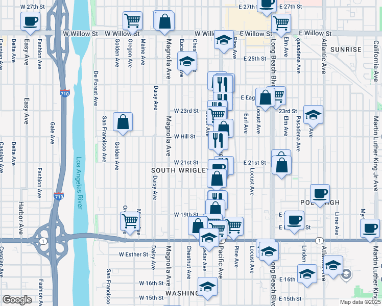 map of restaurants, bars, coffee shops, grocery stores, and more near 2133 Chestnut Avenue in Long Beach