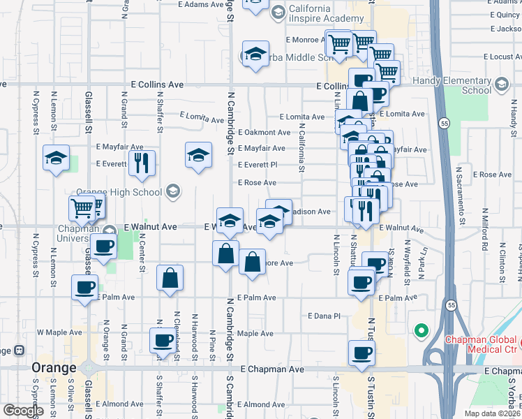 map of restaurants, bars, coffee shops, grocery stores, and more near 573 North Waverly Street in Orange