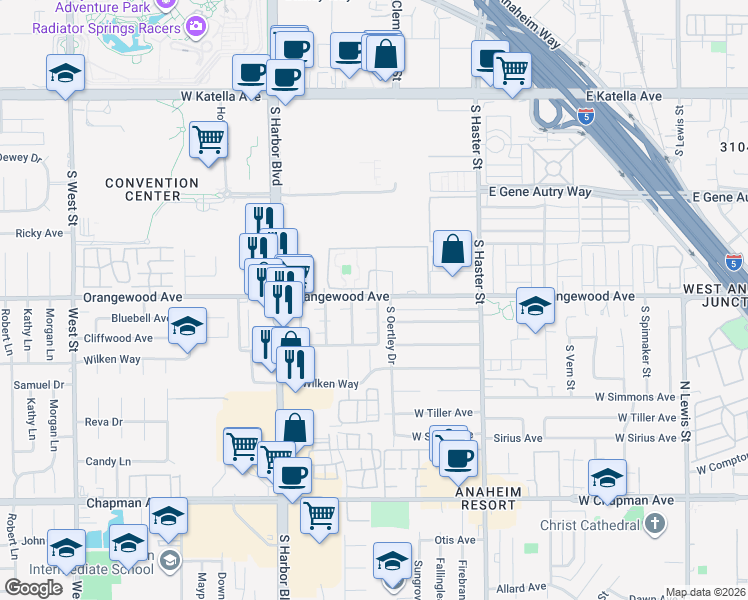 map of restaurants, bars, coffee shops, grocery stores, and more near 348 West Orangewood Avenue in Anaheim