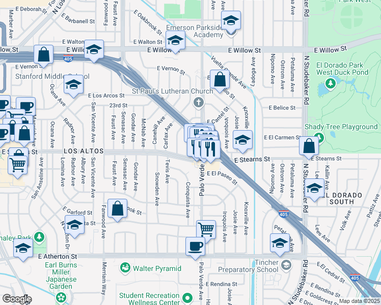 map of restaurants, bars, coffee shops, grocery stores, and more near 26 Woodruff Avenue in Long Beach