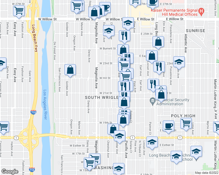 map of restaurants, bars, coffee shops, grocery stores, and more near 2166 Chestnut Avenue in Long Beach