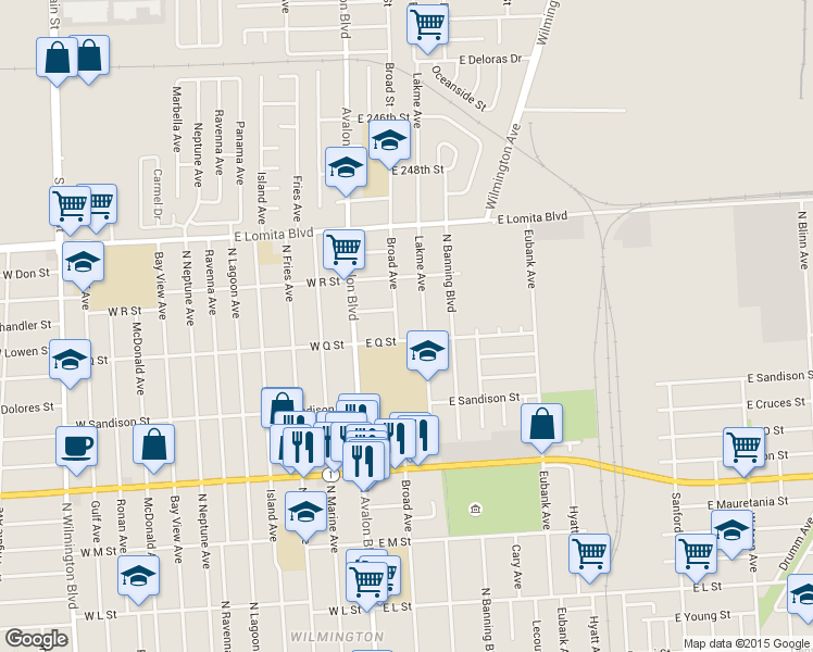 map of restaurants, bars, coffee shops, grocery stores, and more near 1630 Broad Avenue in Los Angeles