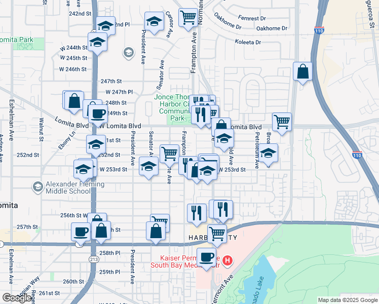 map of restaurants, bars, coffee shops, grocery stores, and more near 1240 251st Street in Los Angeles
