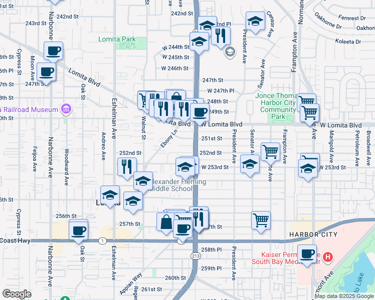 map of restaurants, bars, coffee shops, grocery stores, and more near 1704 251st Street in Lomita