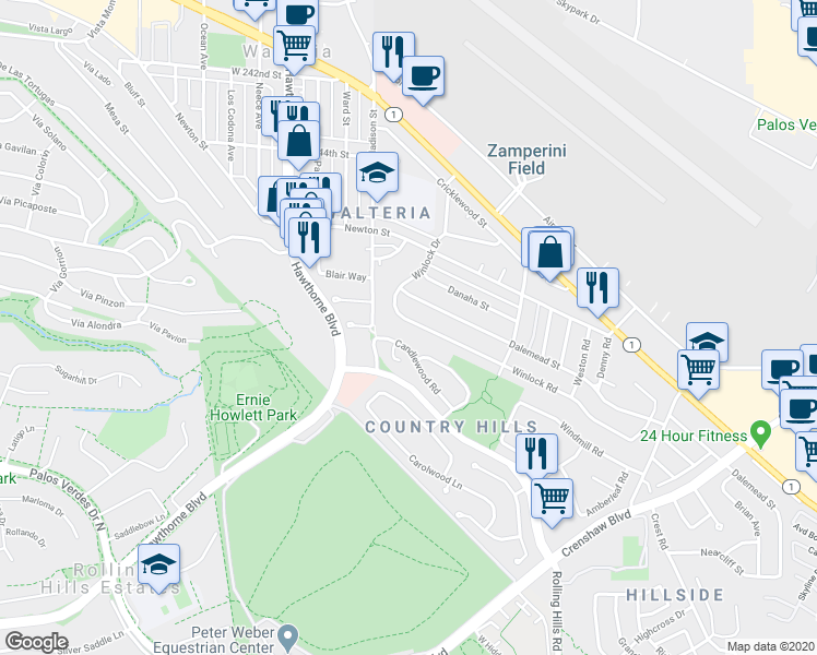 map of restaurants, bars, coffee shops, grocery stores, and more near 24831 Winlock Drive in Torrance