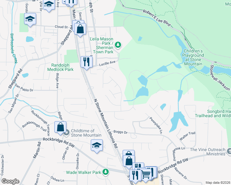 map of restaurants, bars, coffee shops, grocery stores, and more near 5498 Springwood Lane in Stone Mountain