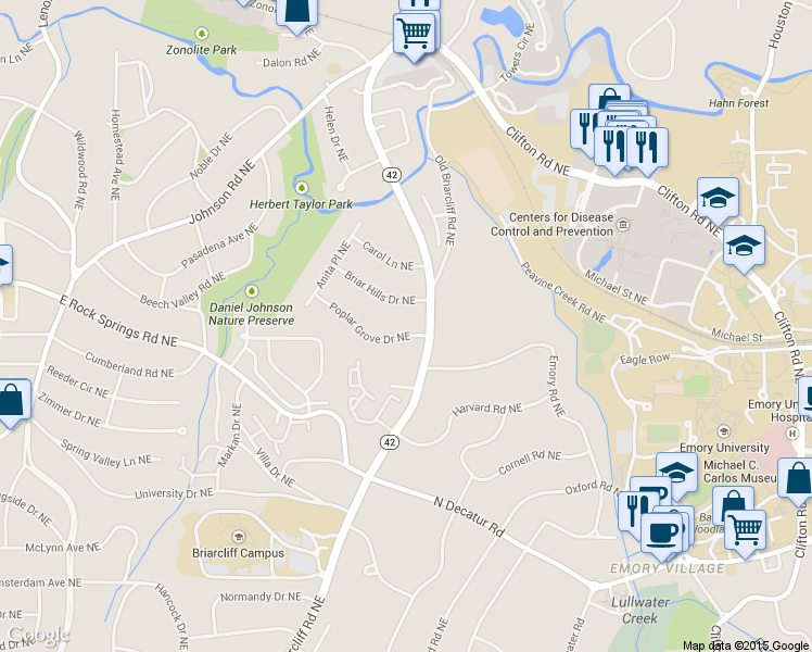 map of restaurants, bars, coffee shops, grocery stores, and more near 1258 Poplar Grove Drive Northeast in Atlanta