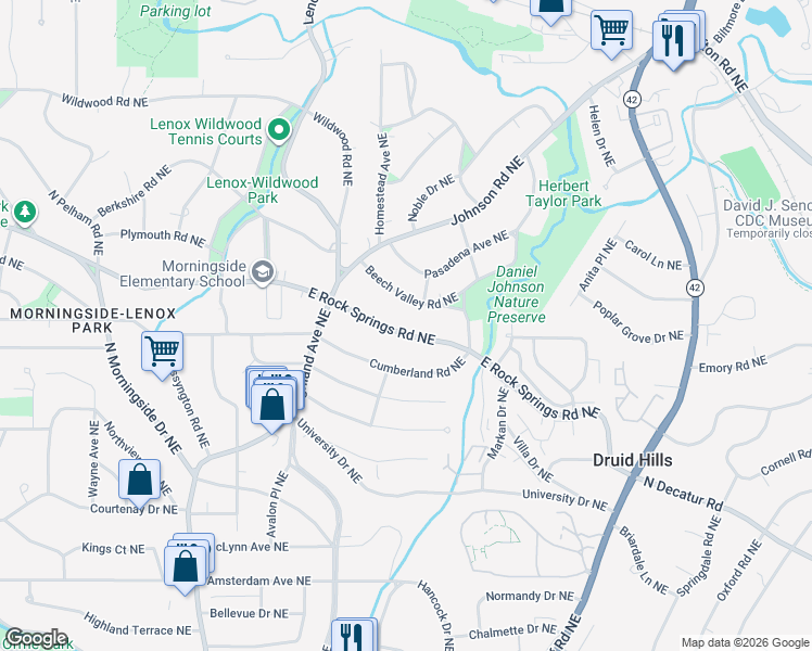map of restaurants, bars, coffee shops, grocery stores, and more near 1241 Beech Valley Road Northeast in Atlanta