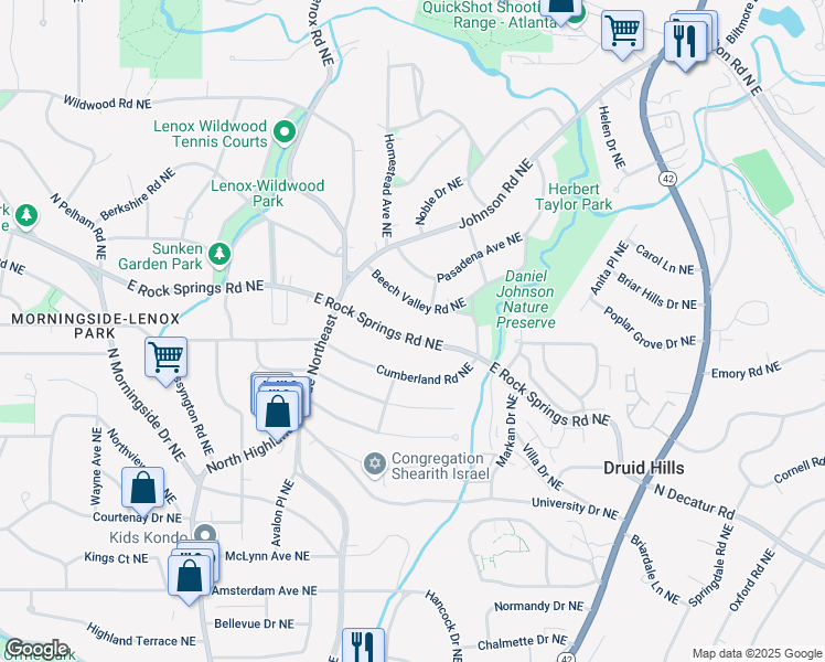 map of restaurants, bars, coffee shops, grocery stores, and more near 1216 East Rock Springs Road Northeast in Atlanta