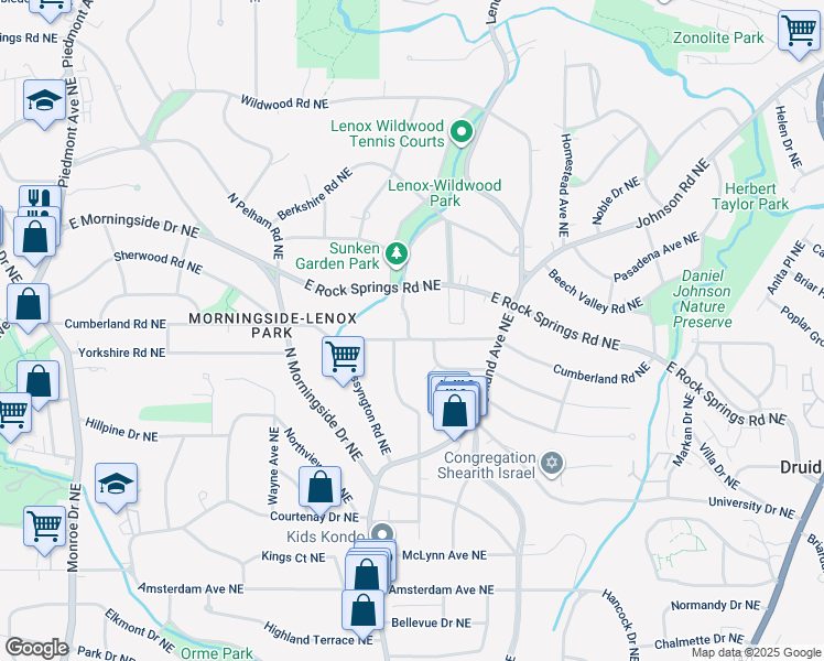 map of restaurants, bars, coffee shops, grocery stores, and more near 1015 East Rock Springs Road Northeast in Atlanta
