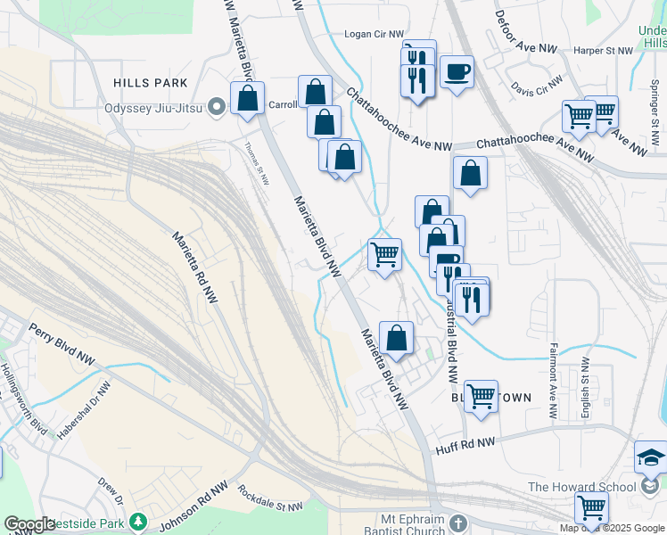 map of restaurants, bars, coffee shops, grocery stores, and more near 1531 Marietta Boulevard Northwest in Atlanta
