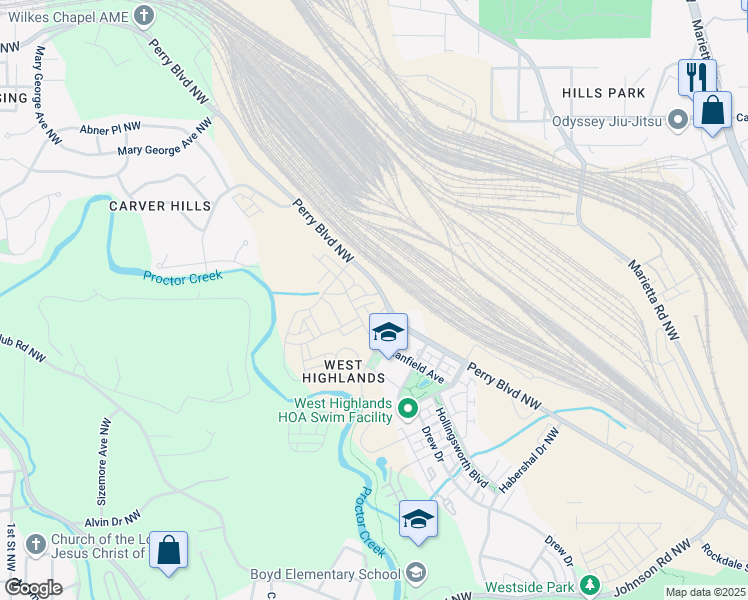 map of restaurants, bars, coffee shops, grocery stores, and more near 1977 Boyd Trace Lane in Atlanta