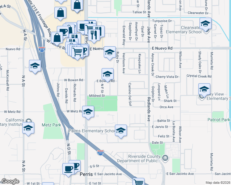 map of restaurants, bars, coffee shops, grocery stores, and more near 1022 Ruby Drive in Perris