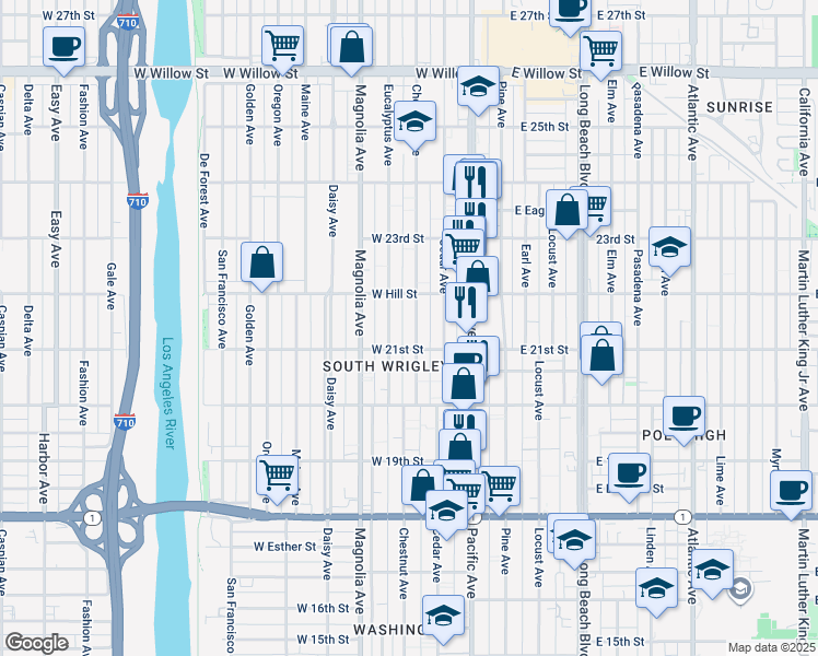 map of restaurants, bars, coffee shops, grocery stores, and more near 2133 Chestnut Avenue in Long Beach