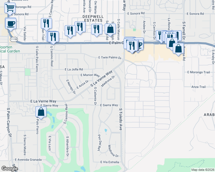 map of restaurants, bars, coffee shops, grocery stores, and more near 2011 South Tulare Drive in Palm Springs