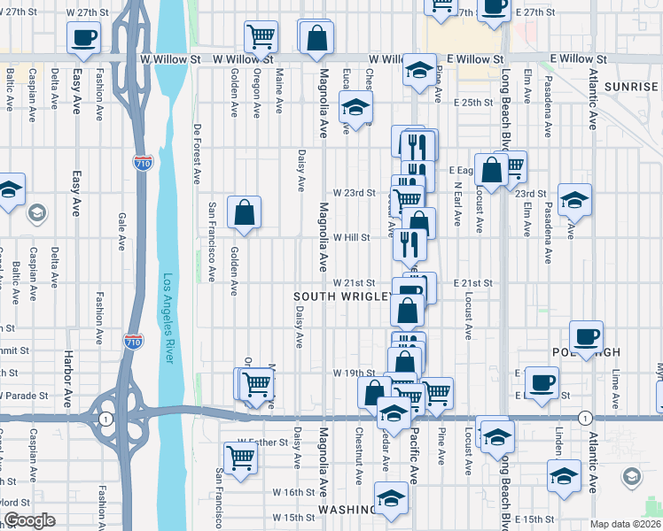 map of restaurants, bars, coffee shops, grocery stores, and more near 2130 Magnolia Avenue in Long Beach