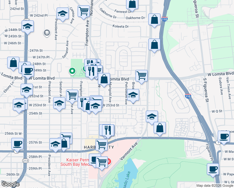 map of restaurants, bars, coffee shops, grocery stores, and more near 237th Street in Los Angeles County