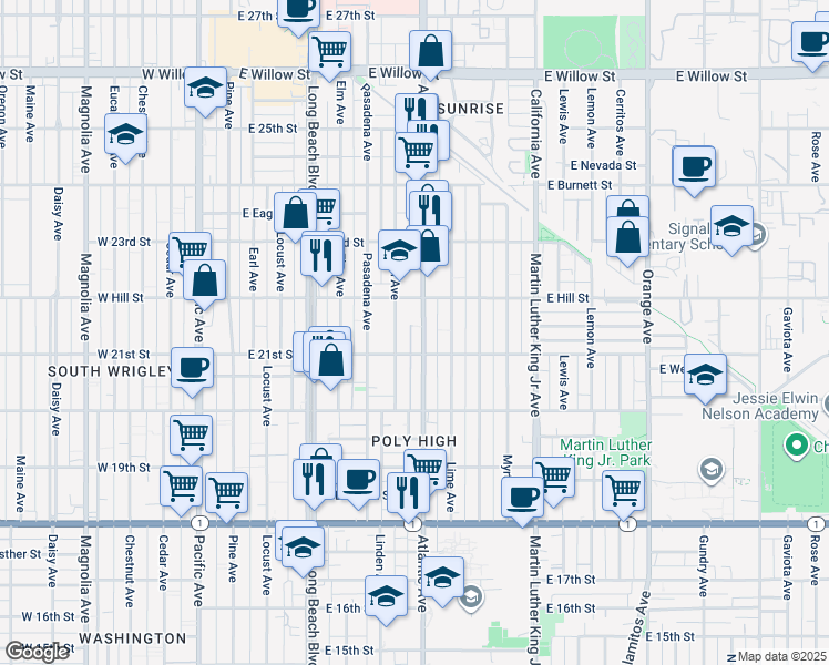 map of restaurants, bars, coffee shops, grocery stores, and more near 2151 Atlantic Avenue in Long Beach