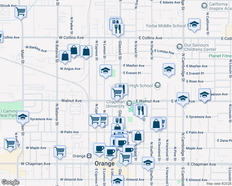 map of restaurants, bars, coffee shops, grocery stores, and more near 557 North Olive Street in Orange