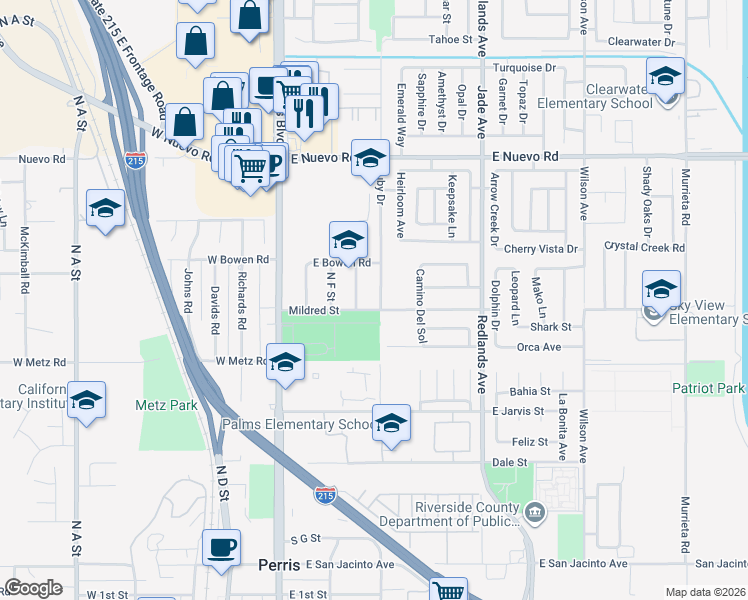 map of restaurants, bars, coffee shops, grocery stores, and more near 1022 Ruby Drive in Perris