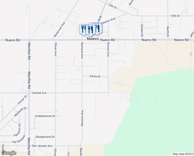 map of restaurants, bars, coffee shops, grocery stores, and more near 22285 Crown Princess Court in Nuevo