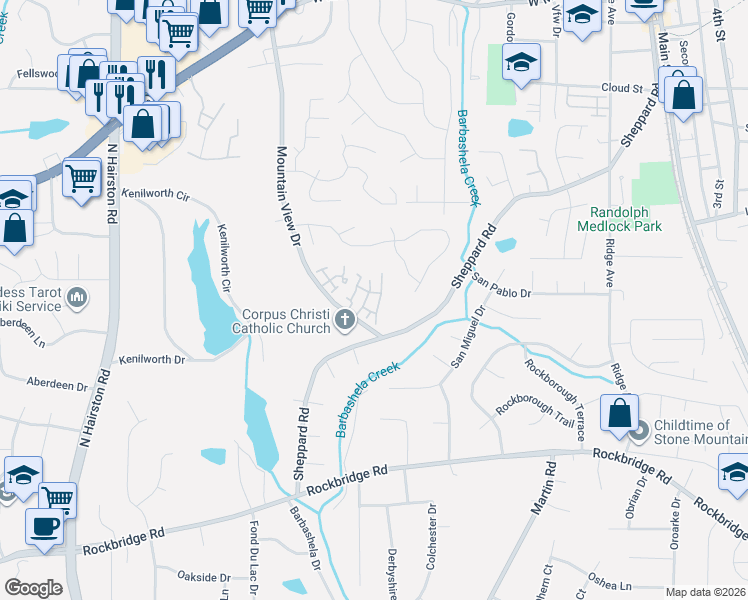 map of restaurants, bars, coffee shops, grocery stores, and more near 624 Garden Walk Drive in Stone Mountain