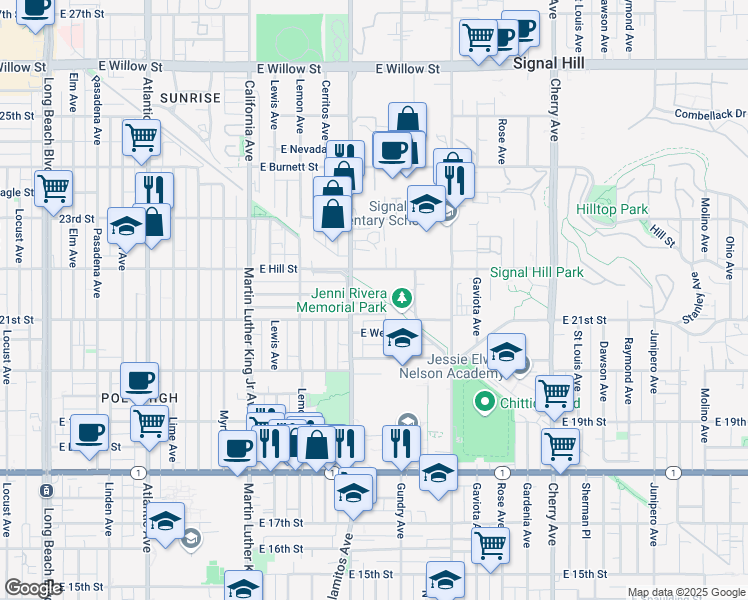 map of restaurants, bars, coffee shops, grocery stores, and more near 2150 Orange Avenue in Long Beach