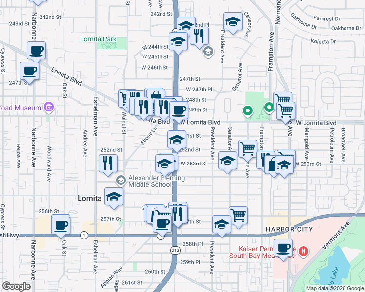 map of restaurants, bars, coffee shops, grocery stores, and more near 1677 252nd Street in Los Angeles