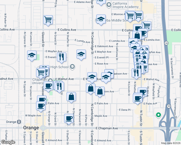 map of restaurants, bars, coffee shops, grocery stores, and more near 570 North Cambridge Street in Orange