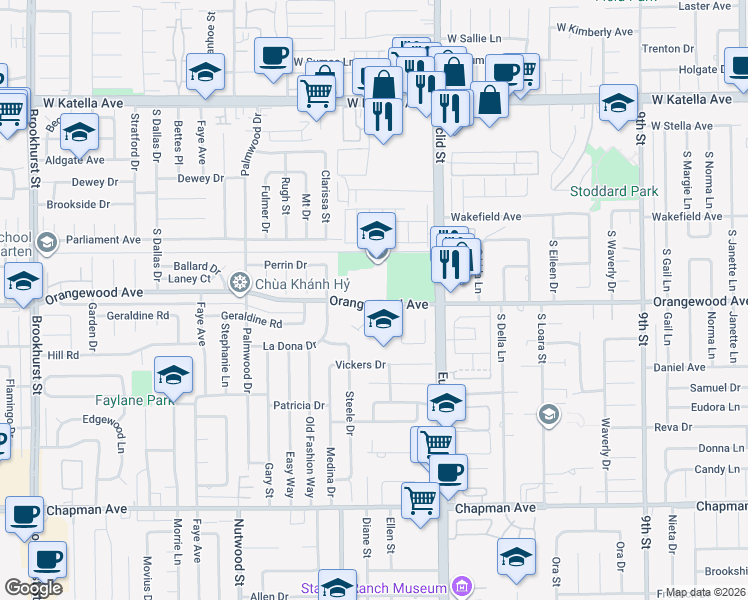 map of restaurants, bars, coffee shops, grocery stores, and more near 10801 Orangewood Avenue in Garden Grove