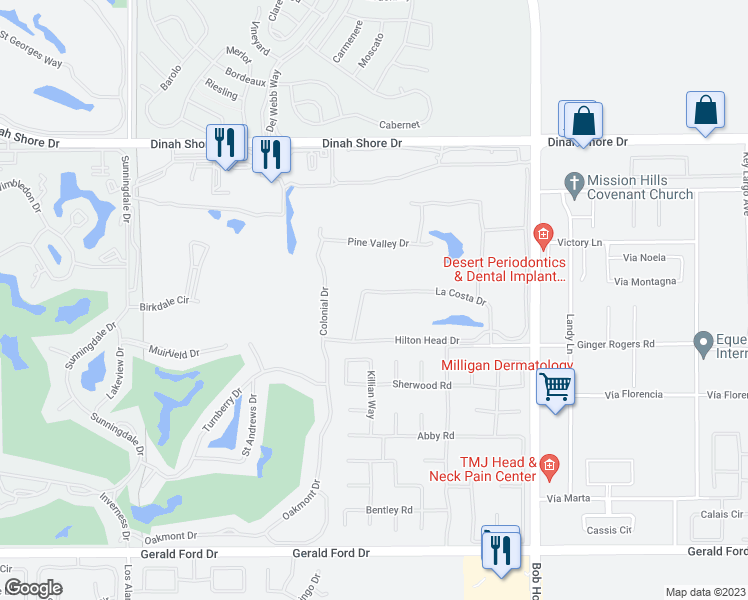 map of restaurants, bars, coffee shops, grocery stores, and more near 65 La Costa Drive in Rancho Mirage