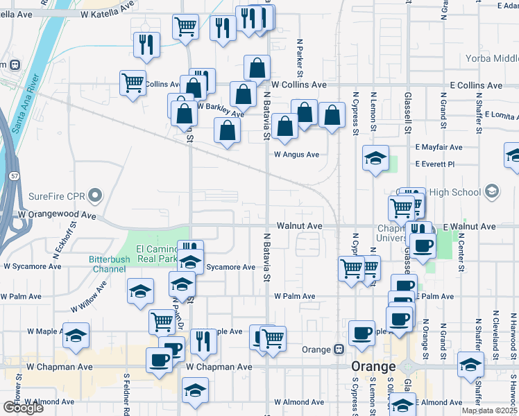 map of restaurants, bars, coffee shops, grocery stores, and more near 546 North Batavia Street in Orange