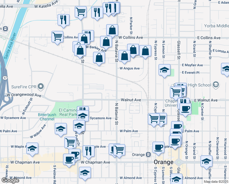 map of restaurants, bars, coffee shops, grocery stores, and more near 546 North Batavia Street in Orange