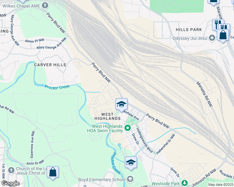 map of restaurants, bars, coffee shops, grocery stores, and more near 1977 Boyd Trace Lane in Atlanta