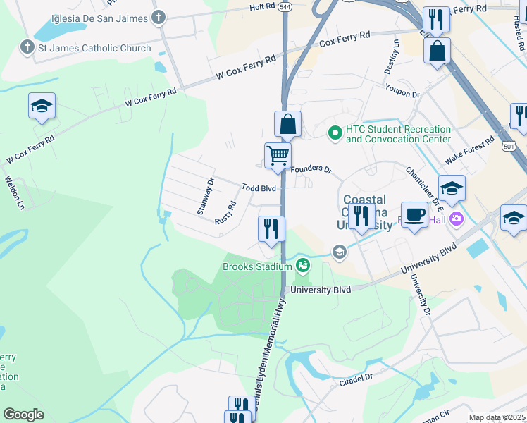 map of restaurants, bars, coffee shops, grocery stores, and more near 604 Lesia Lane in Conway