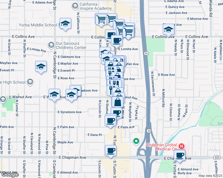 map of restaurants, bars, coffee shops, grocery stores, and more near 565 North Tustin Street in Orange