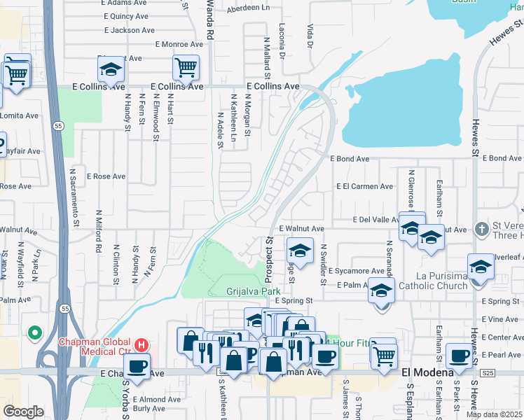 map of restaurants, bars, coffee shops, grocery stores, and more near 542 North Pageant Drive in Orange