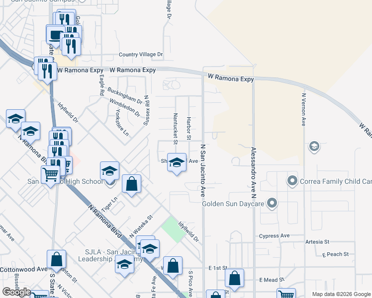 map of restaurants, bars, coffee shops, grocery stores, and more near 182 Tradewinds Lane in San Jacinto