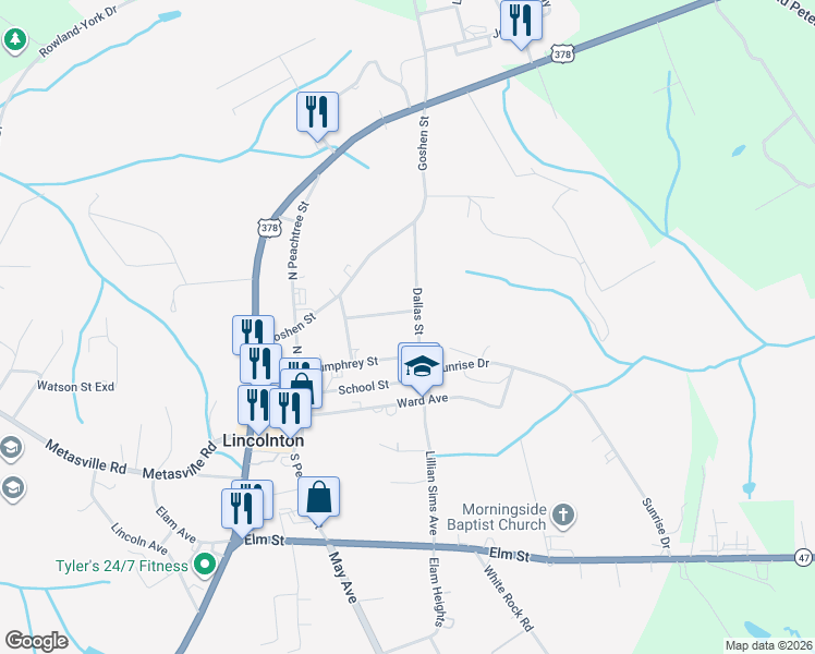 map of restaurants, bars, coffee shops, grocery stores, and more near 195-215 Dallas Street in Lincolnton