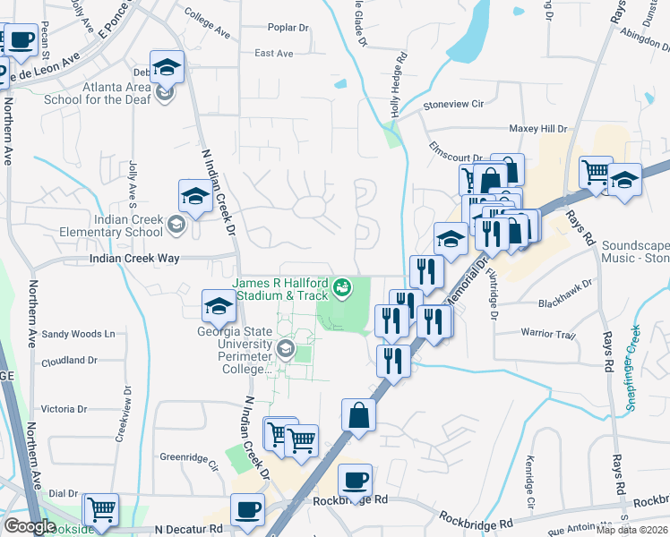 map of restaurants, bars, coffee shops, grocery stores, and more near 3864 Parklane Drive in Clarkston