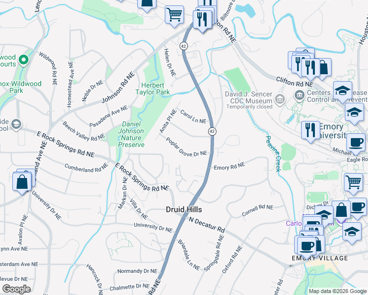 map of restaurants, bars, coffee shops, grocery stores, and more near 1237 Briar Hills Drive Northeast in Atlanta