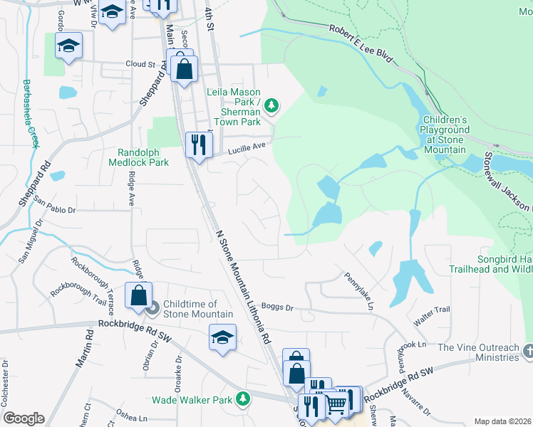map of restaurants, bars, coffee shops, grocery stores, and more near 5498 Springwood Lane in Stone Mountain