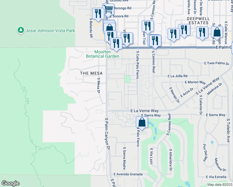 map of restaurants, bars, coffee shops, grocery stores, and more near 215 Calle Bravo in Palm Springs