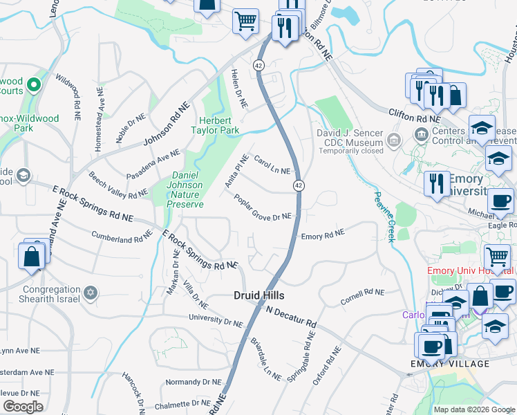 map of restaurants, bars, coffee shops, grocery stores, and more near 1237 Briar Hills Drive Northeast in Atlanta