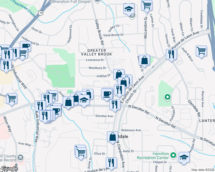map of restaurants, bars, coffee shops, grocery stores, and more near 3117 Cedar Brook Drive in Decatur