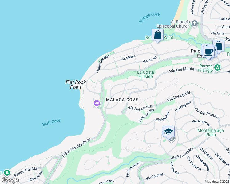 map of restaurants, bars, coffee shops, grocery stores, and more near 1609 Vía Montemar in Palos Verdes Estates