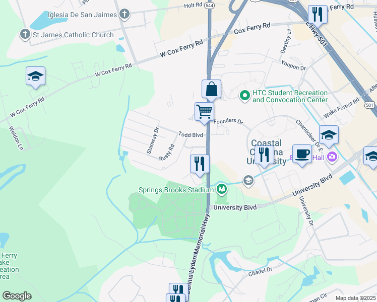 map of restaurants, bars, coffee shops, grocery stores, and more near 615 Carter Lane in Conway