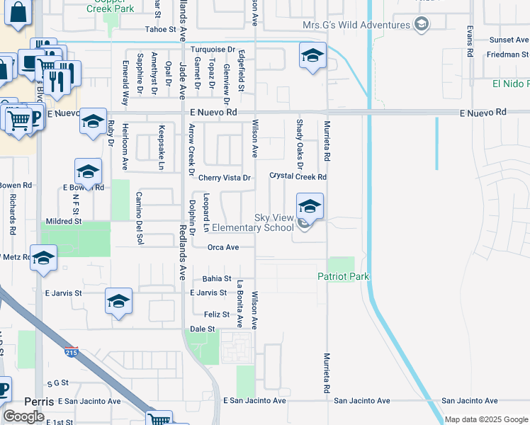 map of restaurants, bars, coffee shops, grocery stores, and more near 1140 Creekwood Court in Perris