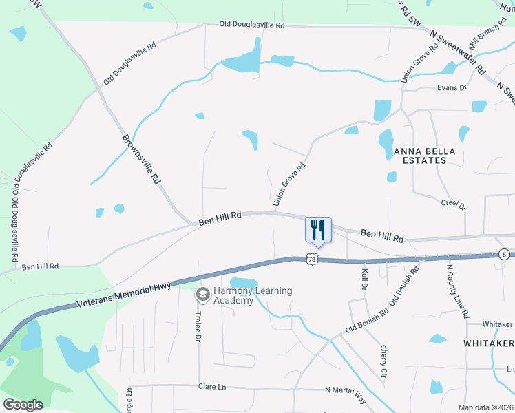 map of restaurants, bars, coffee shops, grocery stores, and more near 4361 Ben Hill Road in Lithia Springs